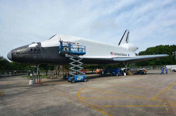 On Aug. 14, 2014, Space Center Houston will hoist "Independence," its replica space shuttle, atop NASA's Shuttle Carrier Aircraft.