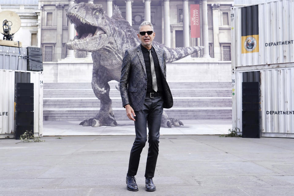 Actor Jeff Goldblum attends a photocall for the movie Jurassic World Dominion at Trafalgar Square, London, Friday, May 27, 2022. (Ian West/PA via AP)