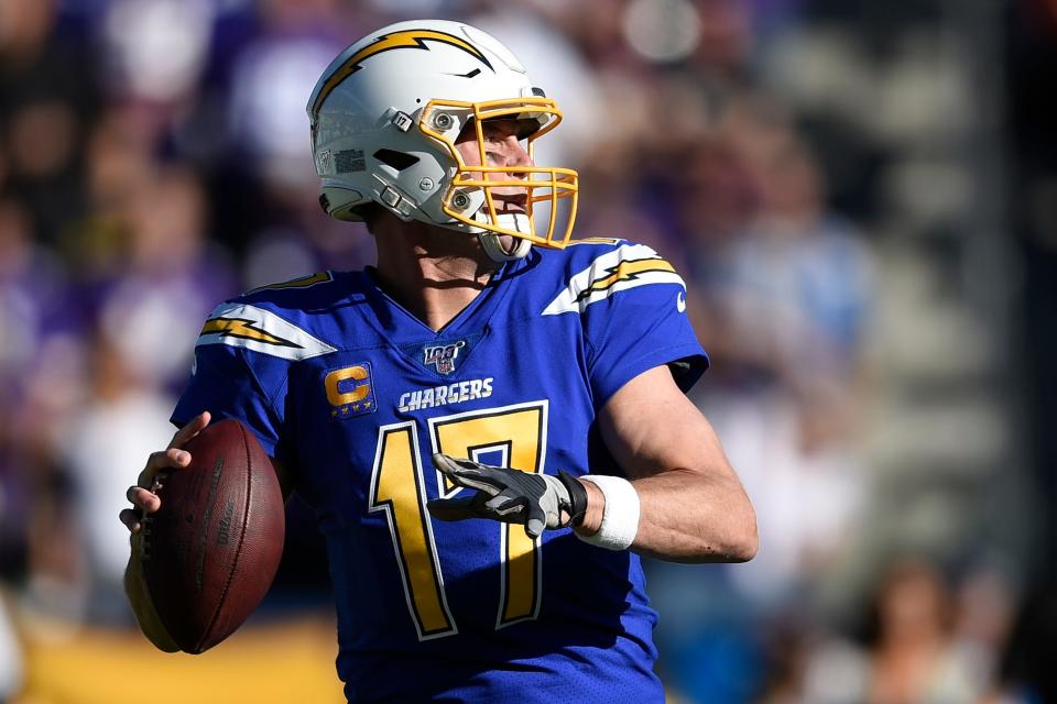 Los Angeles Chargers quarterback Philip Rivers looks to throw a pass during the first half of an NFL football game against the Minnesota Vikings, Sunday, Dec. 15, 2019, in Carson, Calif. (AP Photo/Kelvin Kuo)