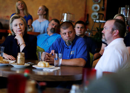 U.S. Democratic presidential candidate Hillary Clinton listens to workers talk about the economy during a campaign event in Ashland, Kentucky, United States, May 2, 2016. REUTERS/Jim Young