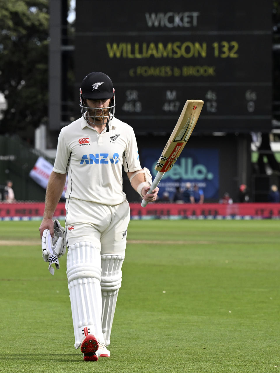 New Zealand's Kane Williamson walks off after he is dismissed by England on day 4 of their cricket test match in Wellington, New Zealand, Monday, Feb 27, 2023. (Andrew Cornaga/Photosport via AP)