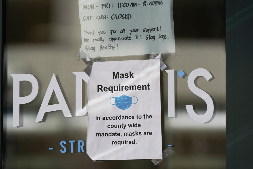 A "Mask Requirement" is shown on a door on Sept. 10, 2020, in Salt Lake City. (Rick Bowmer/AP)