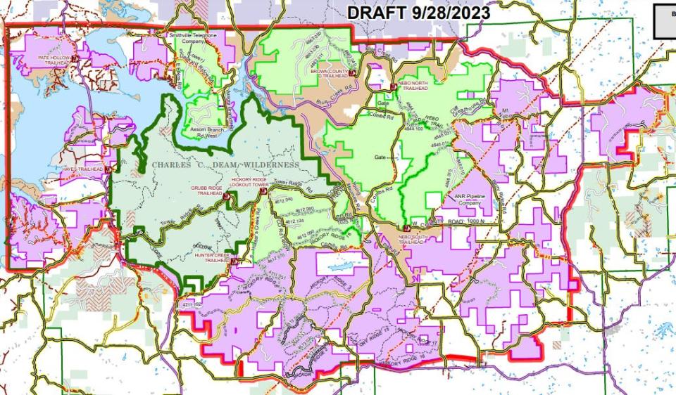 The draft proposal for the Benjamin Harrison National Recreation Area and Wilderness Extension are shown in this map. The pink areas would be part of the recreation area. The light green areas would be the extension of the Charles C. Deam Wilderness, which is shown in the darker green.