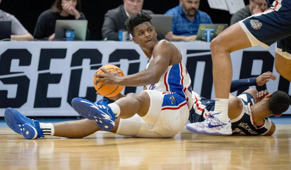 Kansas Jayhawks forward K.J. Adams (24) looks to pass the ball against the Gonzaga Bulldogs during a men’s college basketball game in the second round of the NCAA Tournament on Saturday, March 23, 2024, in Salt Lake City, Utah. Nick Wagner/nwagner@kcstar.com