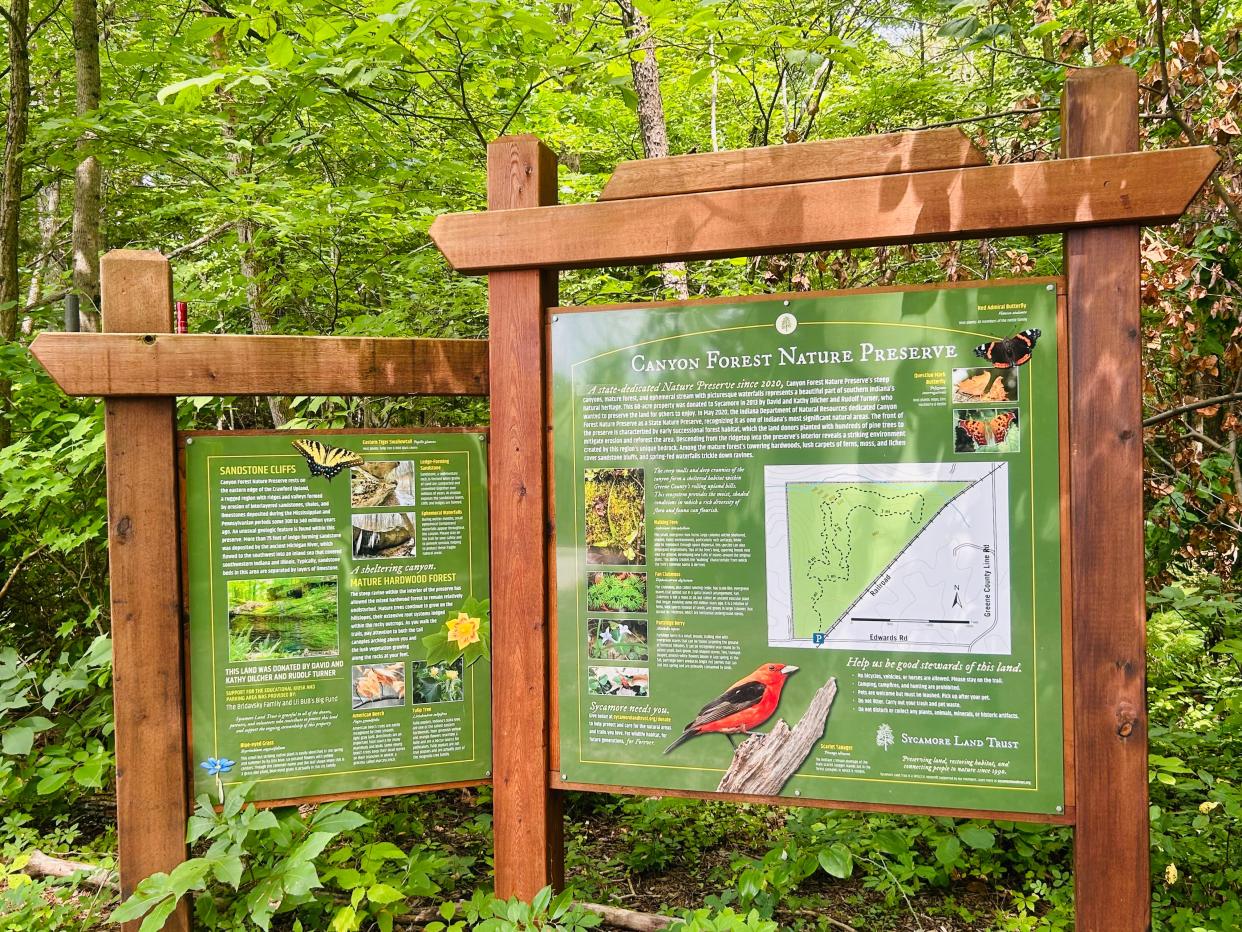 The trailhead sign at Canyon Forest Nature Preserve in Greene County, Indiana.