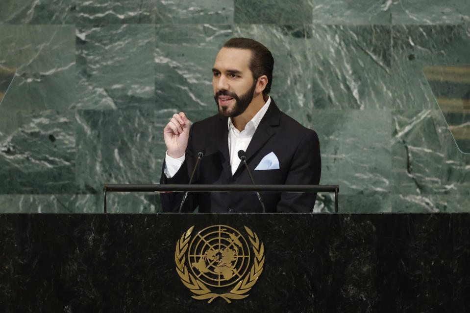 President of El Salvador Nayib Bukele addresses the 77th session of the United Nations General Assembly, at U.N. headquarters, Tuesday, Sept. 20, 2022. (AP Photo/Jason DeCrow)