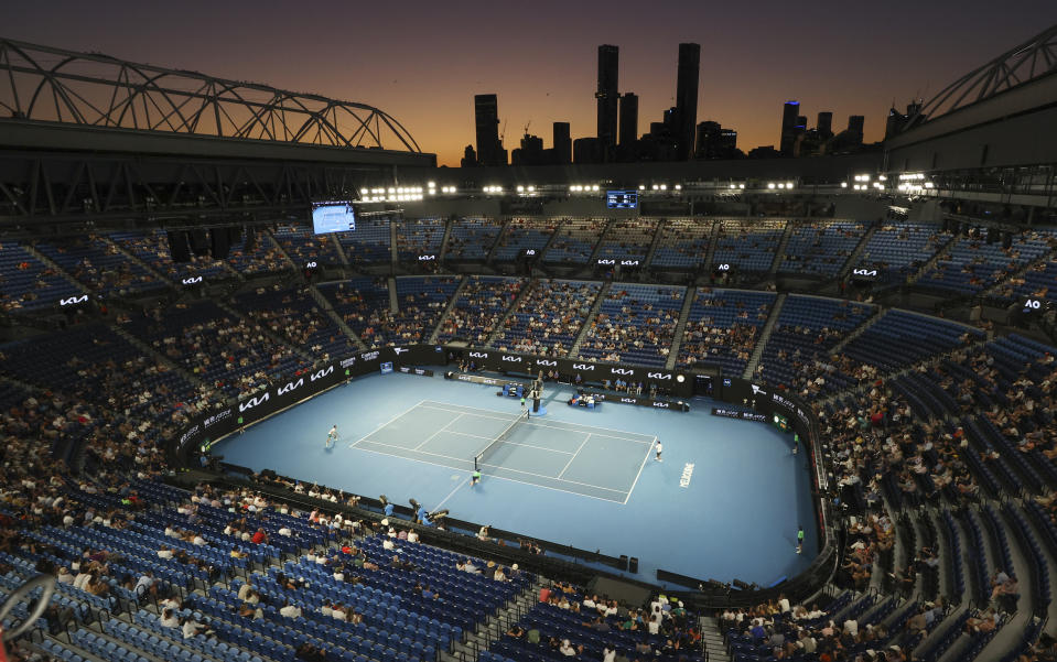 Serbia's Novak Djokovic and Russia's Aslan Karatsev play their semifinal match on Rod Laver Arena at the Australian Open tennis championship in Melbourne, Australia, Thursday, Feb. 18, 2021.(AP Photo/Hamish Blair)