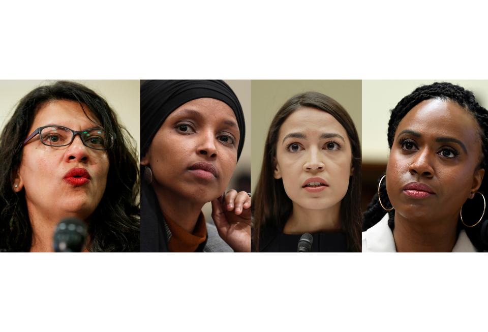 In this combination image from left: Reps. Rashida Tlaib, Ilhan Omar, Alexandria Ocasio-Cortez and Ayanna Pressley.