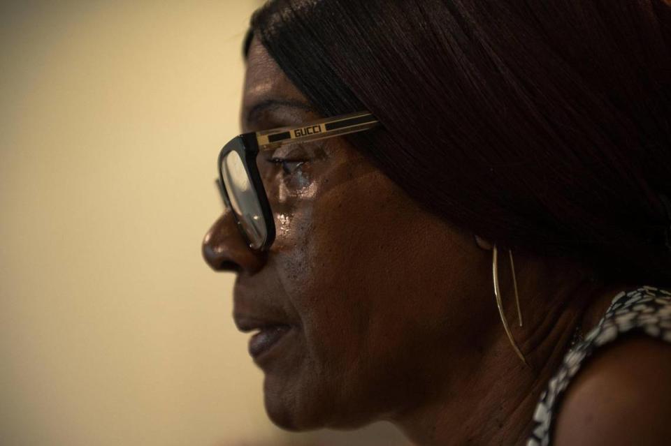 Vivian Jackson tears up while talking about the problems she has had with flooding and being forced to move from her apartment at the Emmanuel Cleaver II Senior Living Community in Kansas City. Zachary Linhares/zlinhares@kcstar.com