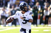 BYU quarterback Jaren Hall (3) looks to throw against Baylor during the first half of an NCAA college football game, Saturday, Oct. 16, 2021, in Waco, Texas. (AP Photo/Ron Jenkins)