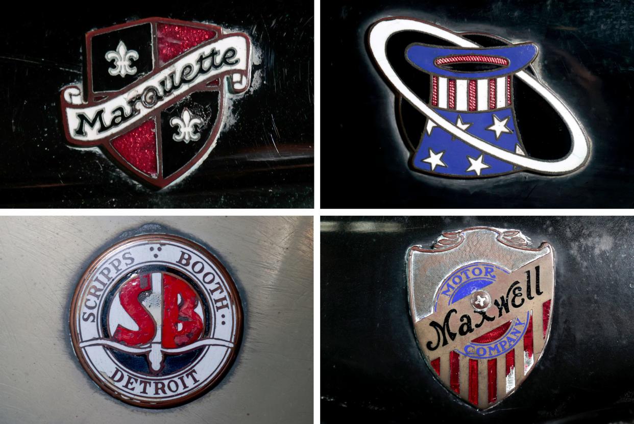 LEFT: The emblem of an entry level Buick built at a factory in Flint in 1929. TOP RIGHT: The emblem of a 1924 Rickenbacker Coupe. BOTTOM RIGHT: The emblem of a 1918 Maxwell Touring car. BOTTOM LEFT: The emblem of a 1915 Scripps-Booth Cycle Car.