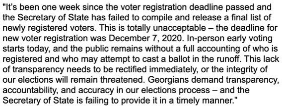 U.S. Sen. Kelly Loeffler posted this statement about Georgia voter registration data to Twitter on Monday, Dec. 14, 2020.