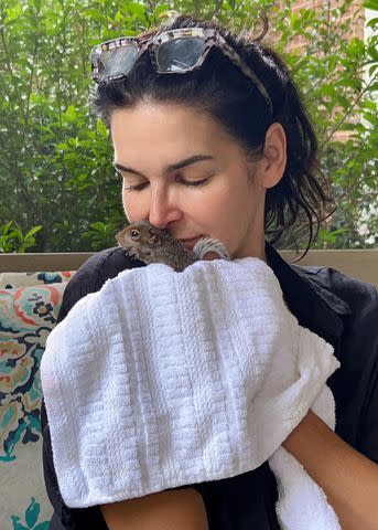 <p>Carrie Frank</p> Angie Harmon with Thomas the squirrel