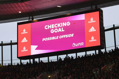 The Big screen shows that VAR is checking the Brentford goal during the Premier League match between Arsenal FC and Brentford FC at Emirates Stadium on February 11, 2023 in London, England