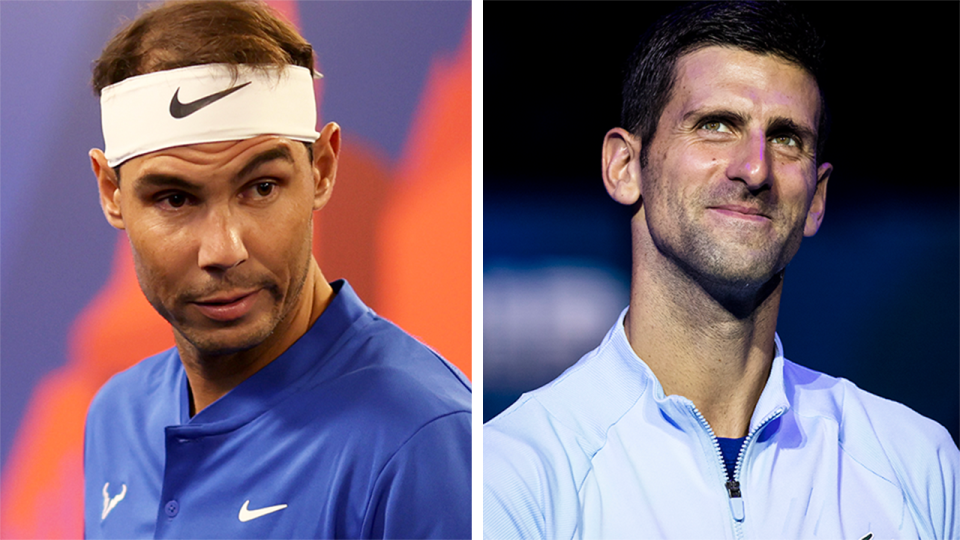 Rafa Nadal (pictured left) looking on before a tennis match at the Laver Cup and (pictured right) Novak Djokovic smiling after winning.