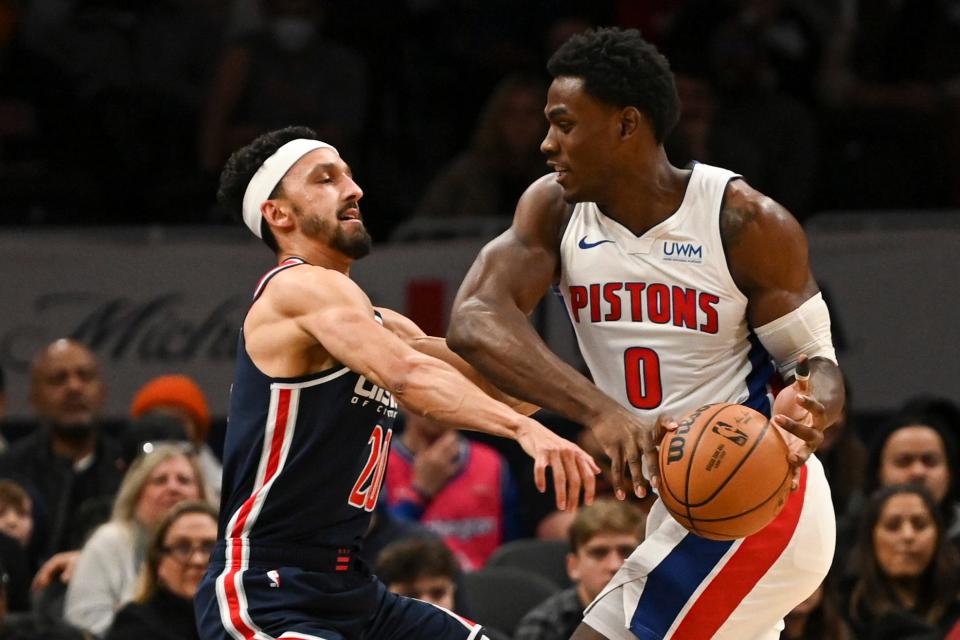 Detroit Pistons center Jalen Duren makes a move to the basket on Washington Wizards guard Landry Shamet during the first half at Capital One Arena, Monday, Jan. 15, 2024 in Washington, D.C.