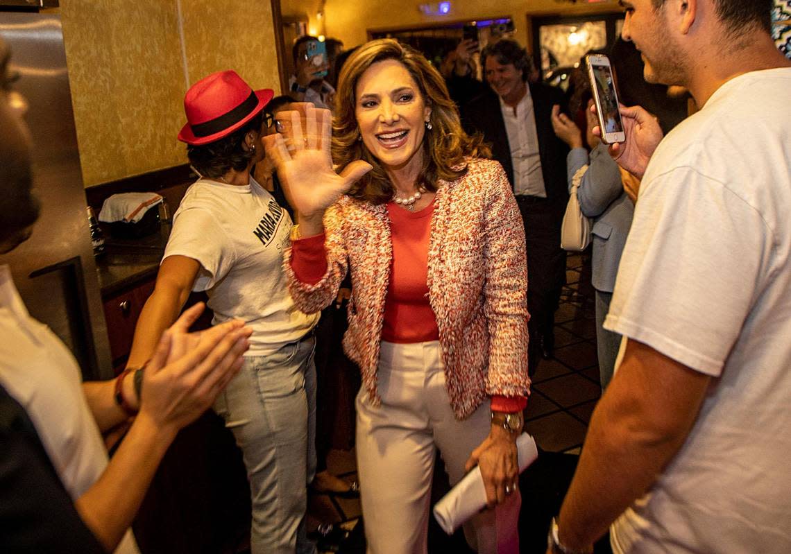 Incumbent U.S. Rep. María Elvira Salazar celebrates with supporters as she gets reelected to Florida’s 27th Congressional District. She defeated the Democratic candidate, state Sen. Annette Taddeo, during the midterm elections. Salazar’s watch party was at La Carreta Restaurant in Little Havana on Tuesday, Nov. 8, 2022.