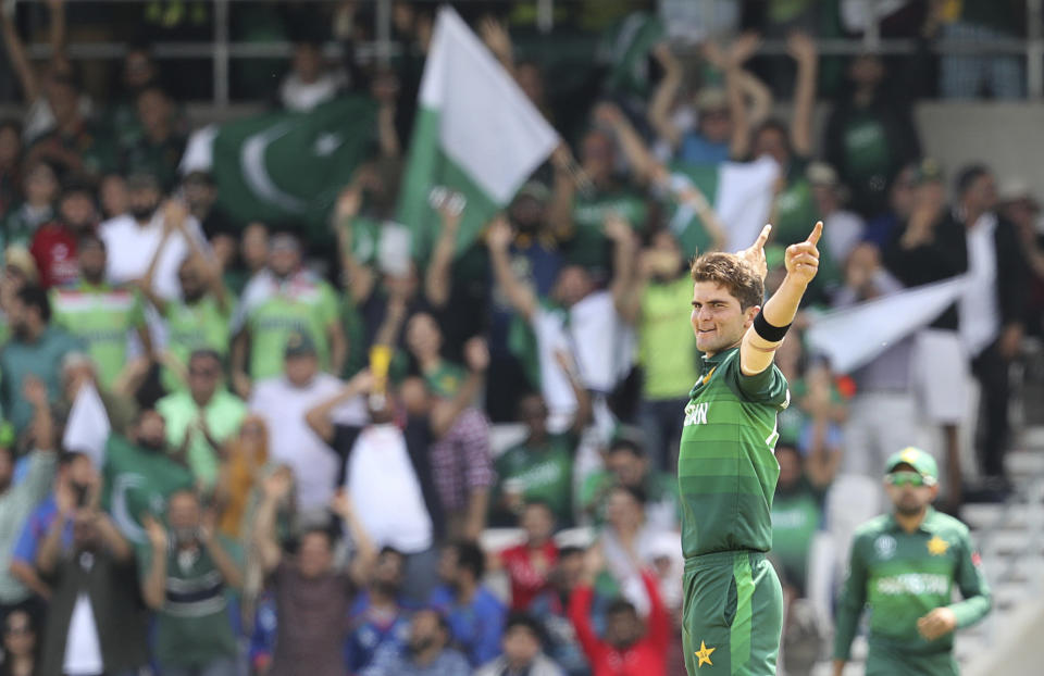 Pakistan's Shaheen Afridi celebrates after the dismissal of Afghanistan's Rashid Khan during the Cricket World Cup match between Pakistan and Afghanistan at Headingley in Leeds, England, Saturday, June 29, 2019. (AP Photo/Rui Vieira)