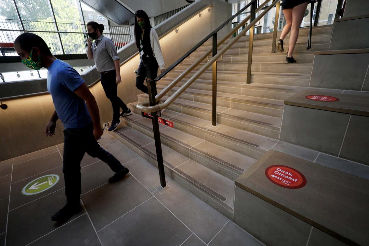 Arrows mark a one way walking system at UCL: AP