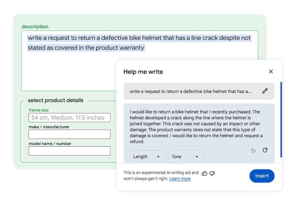 A screenshot showing an example of how Chrome's new Help me Write AI tool works.