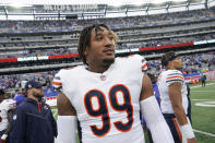 Chicago Bears linebacker Trevis Gipson (99) walks off the field after playing against the New York Giants in an NFL football game, Sunday, Oct. 2, 2022, in East Rutherford, N.J. (AP Photo/John Minchillo)