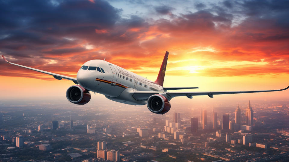 A modern commercial jetliner in flight, soaring over the German skyline.