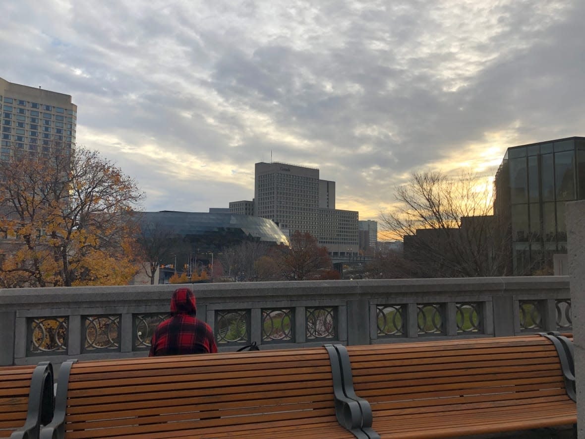 Someone looks over the Rideau Canal and National Arts Centre in Ottawa the morning of Oct. 31, 2022. (Andrew Foote/CBC - image credit)