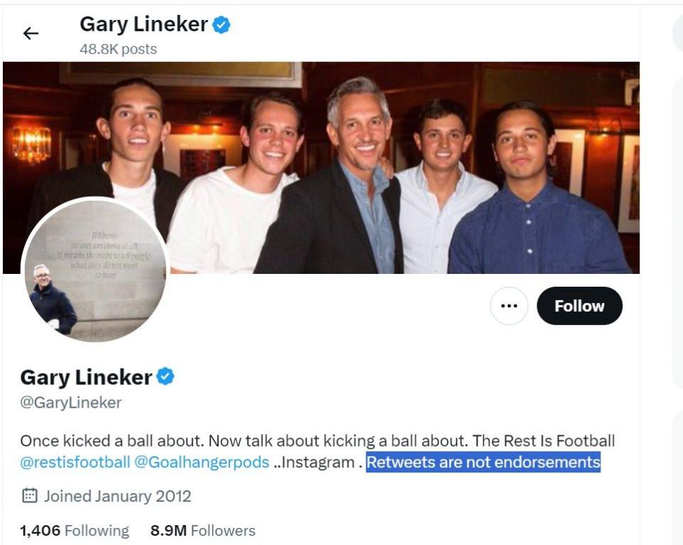 Gary Lineker's X bio now includes the words 'retweets are not endorsements'