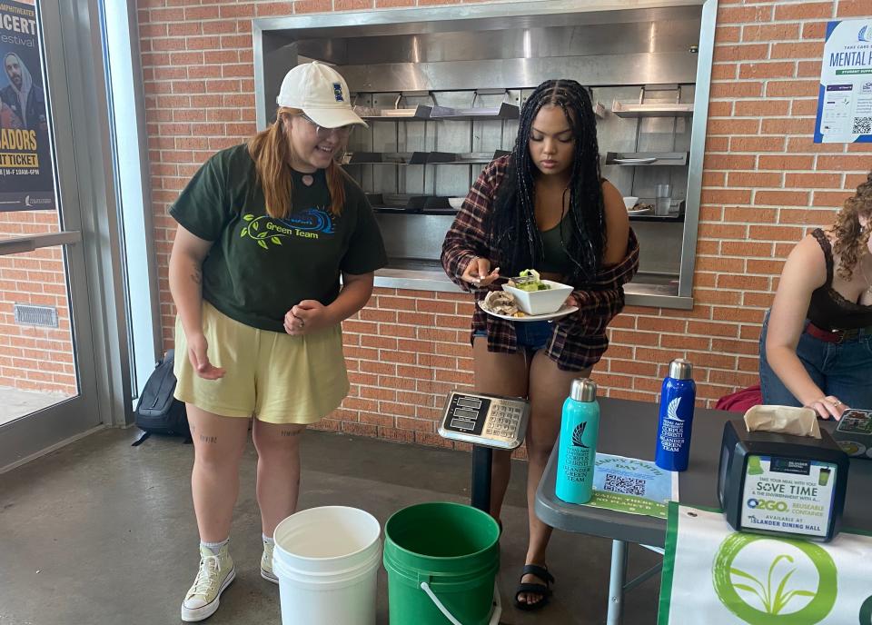 Texas A&M University-Corpus Christi Islander Green Team President Taylor Thorpe (left) and officer Jordan Strait collect and weigh food waste Monday at the Islander Dining Hall.