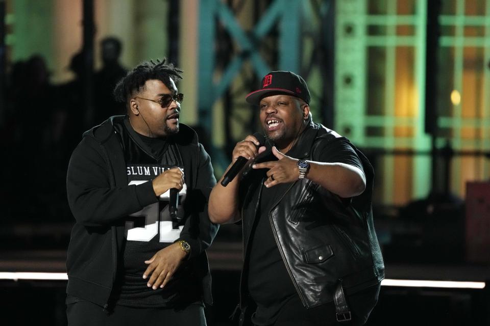 Slum Village members Young RJ, left, and T3, perform during "Live From Detroit: The Concert at Michigan Central" on Thursday, June 6, 2024, in Detroit. (AP Photo/Carlos Osorio)