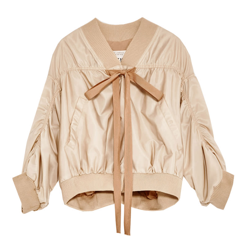 <a rel="nofollow noopener" href="https://www.zara.com/us/en/woman/jackets/studio-cropped-bomber-jacket-with-full-sleeves-c358002p4427019.html" target="_blank" data-ylk="slk:Studio Cropped Bomber Jacket With Full Sleeves, Zara, $200;elm:context_link;itc:0;sec:content-canvas" class="link ">Studio Cropped Bomber Jacket With Full Sleeves, Zara, $200</a>