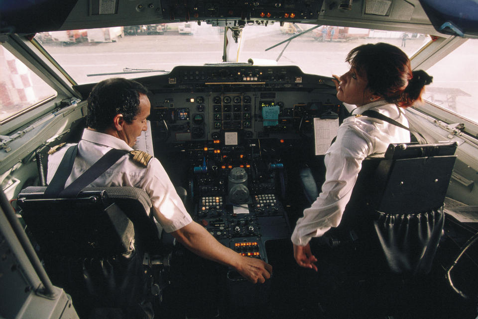 Aysh Gammo, the first Libyan woman airplane pilot gets ready for a flight in March of 2000 in Tripoli, Libya.&nbsp;