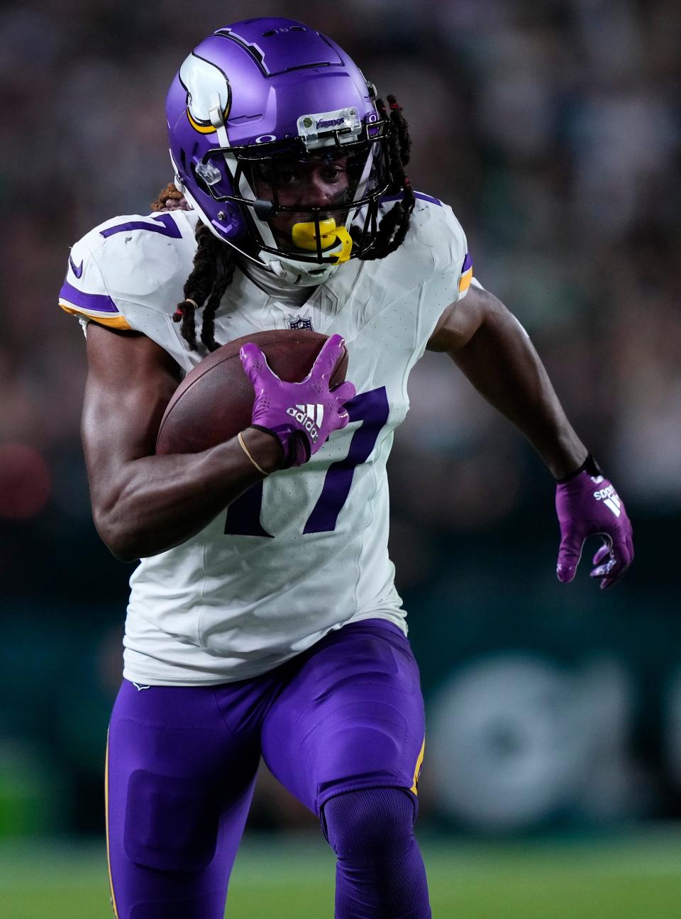 Minnesota Vikings' K.J. Osborn during an NFL football game, Thursday, Sept. 14, 2023, in Philadelphia. (AP Photo/Matt Rourke)