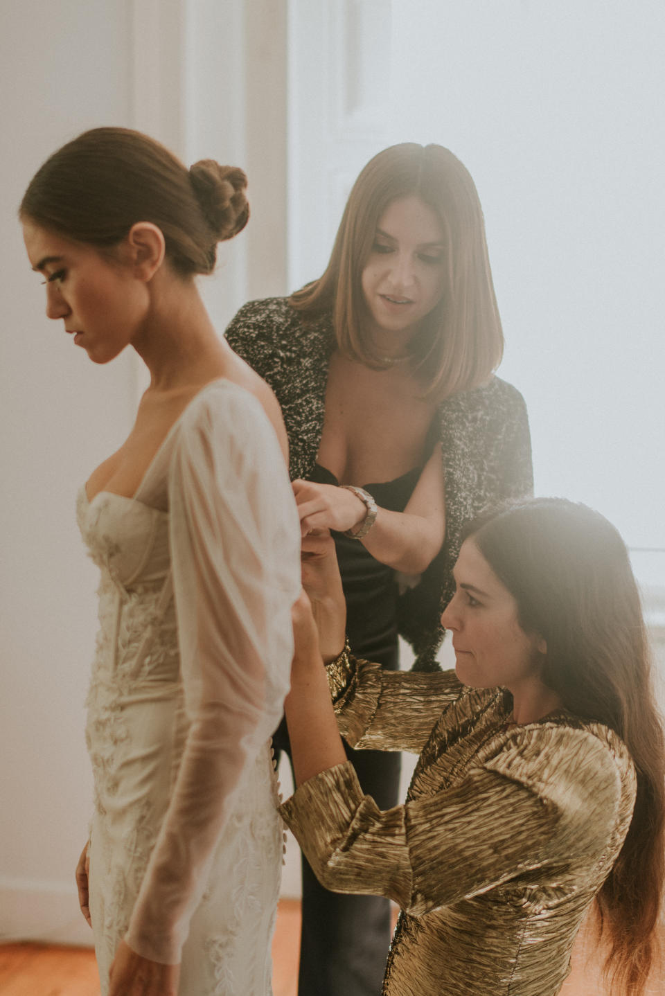 The Bride Wore Feathers for Her Civil Ceremony in London, and a Dress Embroidered With Peonies to Her Micro-Wedding in Portugal