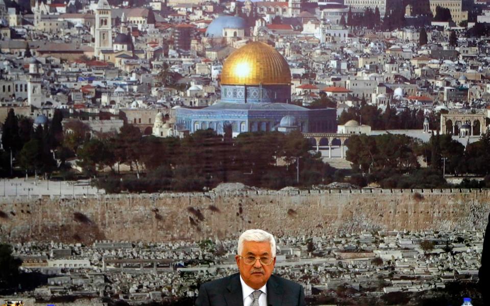 Palestinian president Mahmoud Abbas speaking on Friday - Credit:  ABBAS MOMANI/AFP