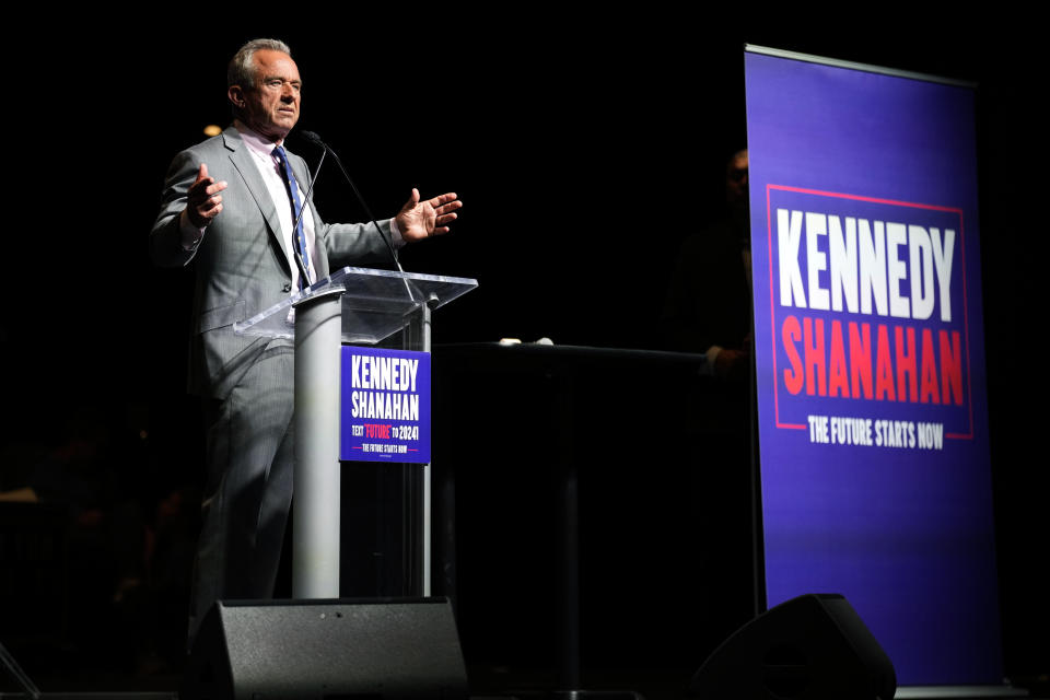 Independent presidential candidate Robert F. Kennedy Jr. speaks to supporters during a campaign event, Saturday, April 13, 2024, in West Des Moines, Iowa. (AP Photo/Charlie Neibergall)