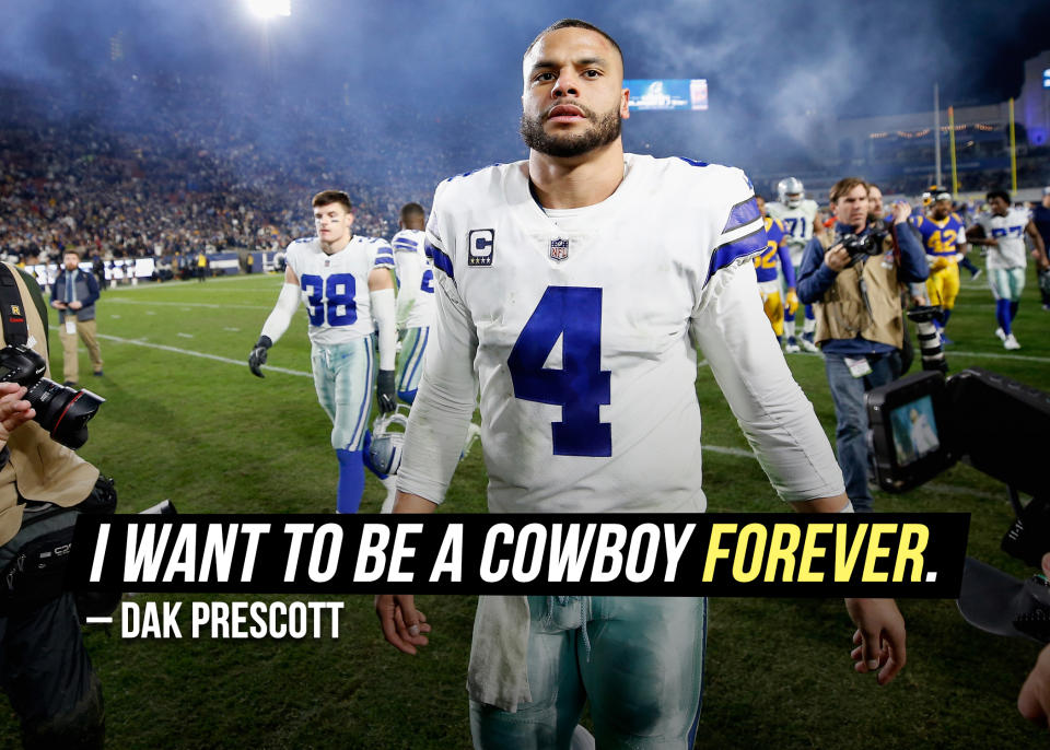 Dallas Cowboys' Dak Prescott <a href="https://sports.yahoo.com/dak-prescott-confident-hell-get-new-contract-i-want-to-be-a-cowboy-forever-130803865.html" data-ylk="slk:stakes his claim;elm:context_link;itc:0;sec:content-canvas;outcm:mb_qualified_link;_E:mb_qualified_link;ct:story;" class="link  yahoo-link">stakes his claim</a> in the franchise and is not concerned to rush a new contract.