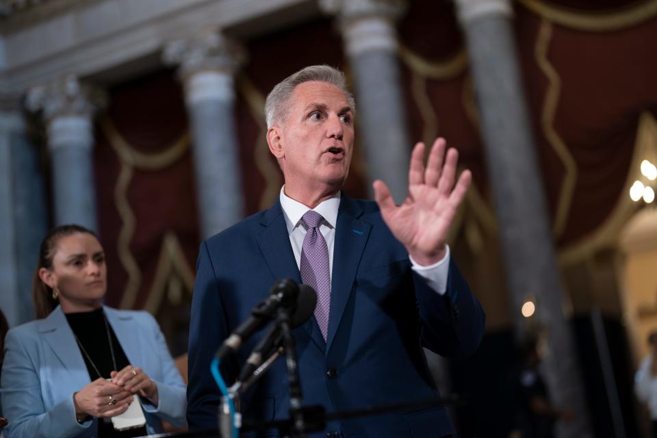 Speaker of the House Kevin McCarthy, R-Calif., talks to reporters just after the Republican majority in the House narrowly passed a sweeping debt ceiling package as they try to push President Joe Biden into negotiations on federal spending, at the Capitol in Washington, Wednesday, April 26, 2023.