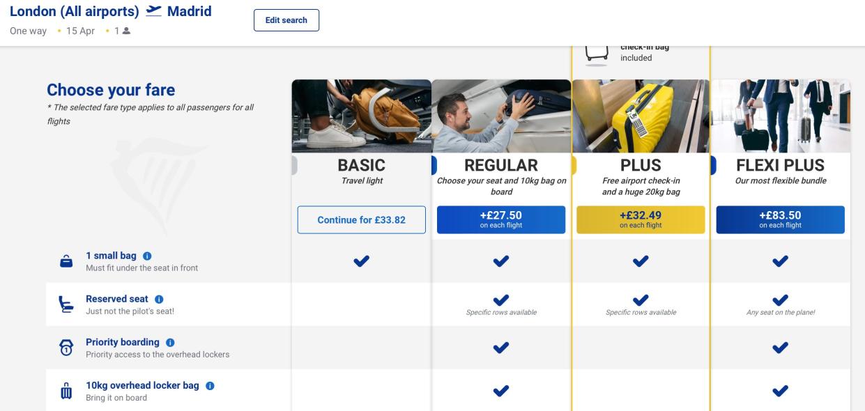 A screenshot from the Ryanair website's booking process shows how a 10kg bag costs £27.50 and a 20kg bag costs £32.49.