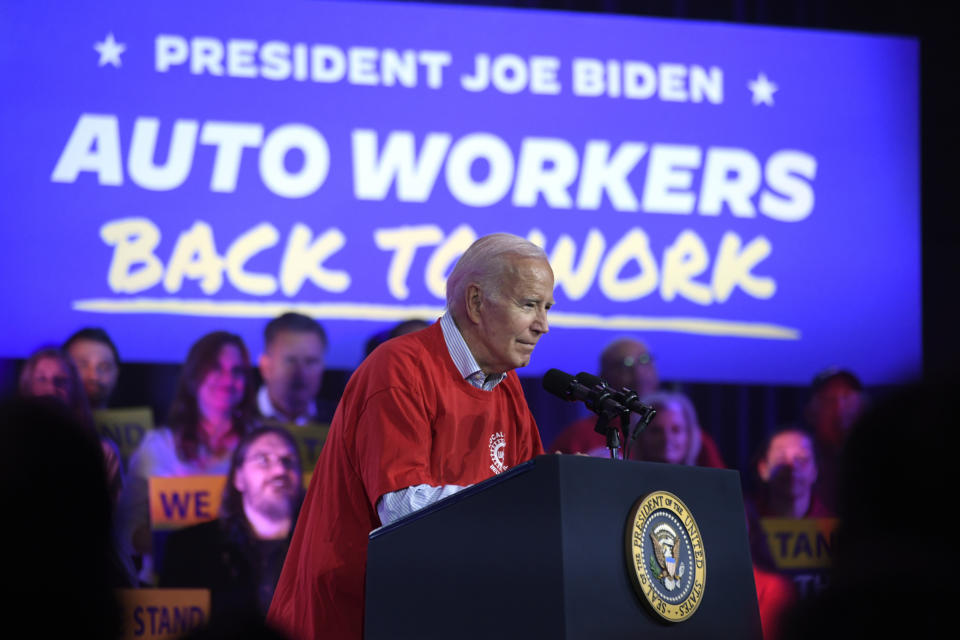 President Joe Biden speaks to United Auto Workers at the Community Building Complex of Boone County, Thursday, Nov. 9, 2023, in Belvidere, Ill. (AP Photo/Paul Beaty)