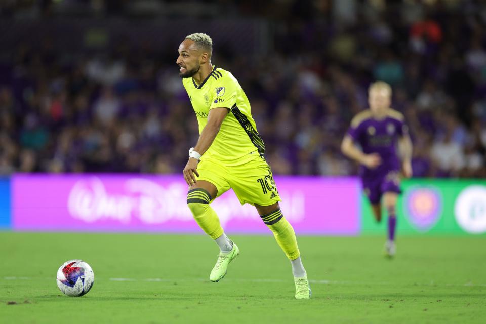 Oct 30, 2023; Orlando, Florida, USA; Nashville SC midfielder Hany Mukhtar (10) plays the ball in the first half against the Orlando City of game one in a round one match of the 2023 MLS Cup Playoffs at Exploria Stadium. Mandatory Credit: Nathan Ray Seebeck-USA TODAY Sports
