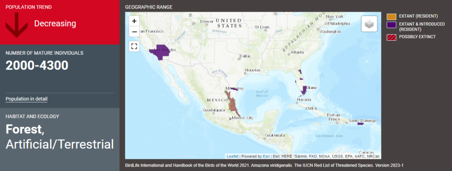 Map of Red-crowned Amazon's geographic range from IUCN's Red List. (Screenshot by FOX 5/KUSI)