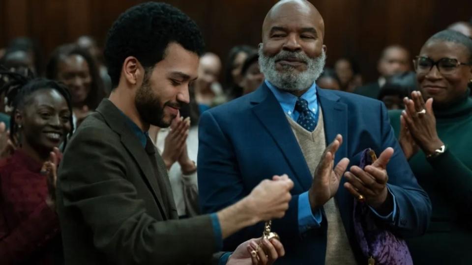 Justice Smith (left) and David Alan Grier (right) co-star in “The American Society of Magical Negroes” by writer/director Kobi Libii, an official selection of the Premieres program at the 2024 Sundance Film Festival. (Photo: Tobin Yelland/Focus Features ©2024, courtesy of Sundance Institute)