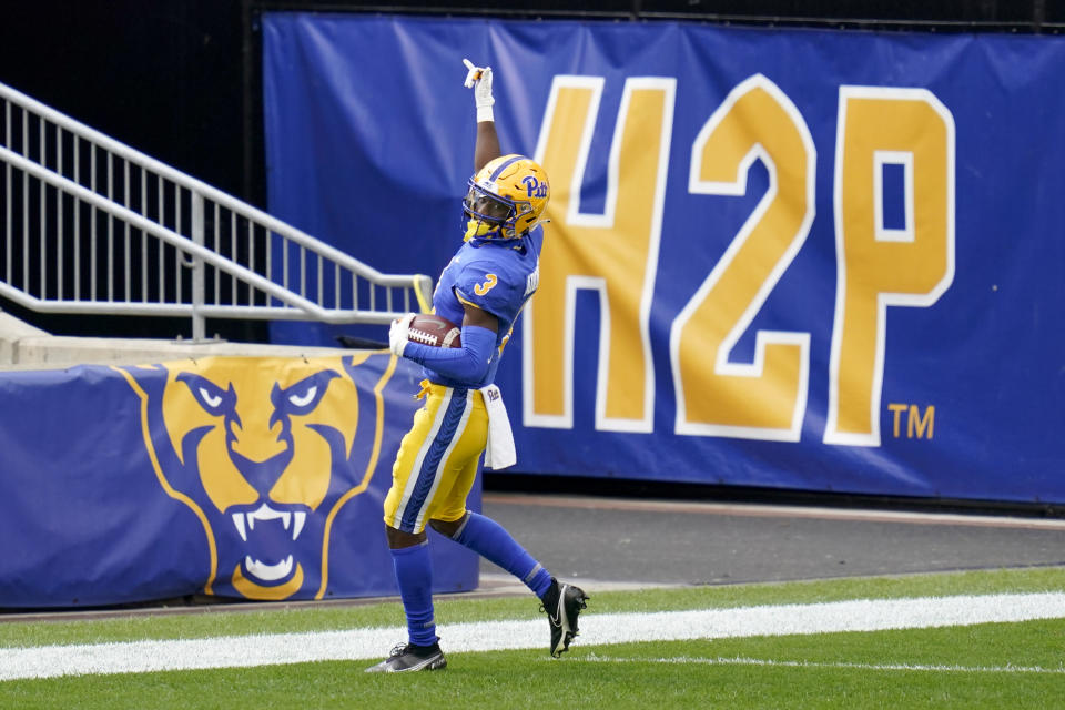 Pittsburgh Panthers wide receiver Jordan Addison (3) celebrates as he goes through the end zone after making a catch against North Carolina State in the first half of an NCAA college football game, Saturday, Oct. 3, 2020, in Pittsburgh. (AP Photo/Keith Srakocic)