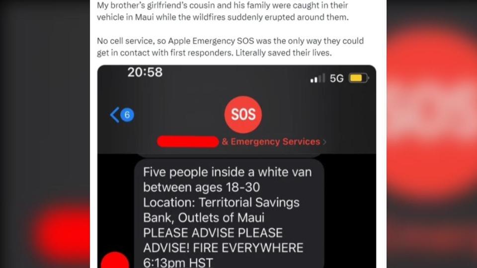 有一名男子分享自身五個親友受困在大火現場，所幸透過iPhone的SOS功能獲救。（圖／翻攝自推特Twitter @michaelmiraflor）