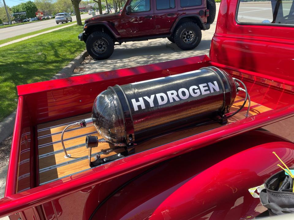 The 3-kilogram hydrogen tank that powers a 1948 Chevrolet pickup that Mike Copeland debuted at the SEMA show in 2021. The vehicle has a 2014 supercharged 6.2-liter engine from a Cadillac CTS-V. Copeland of Arrington-Hydrogen in Brighton.