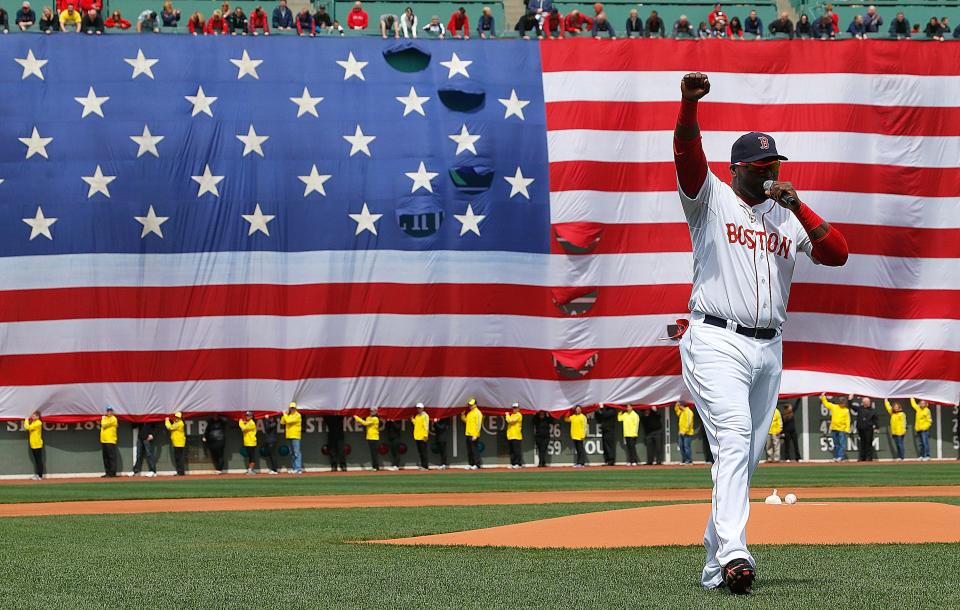 David Ortiz speaks during a pre-game ceremony at Fenway Park on April 20, 2013.