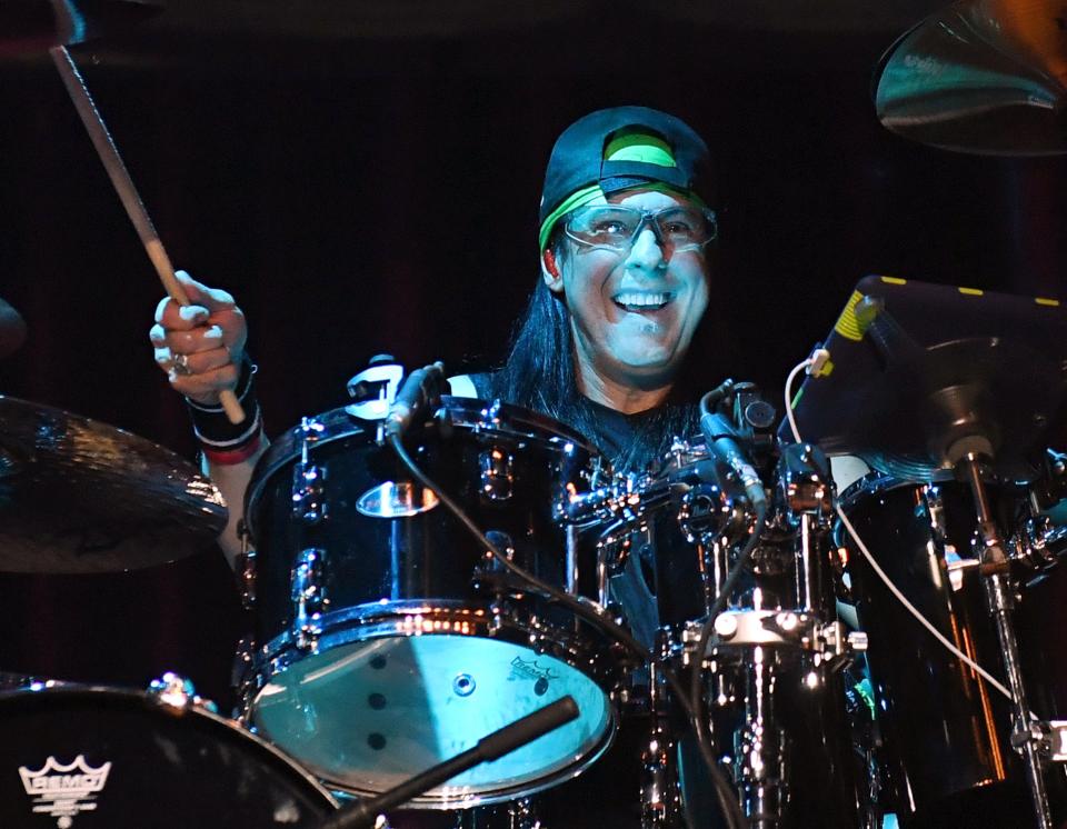 Drummer Mike Mangini of Dream Theater performs with guitarist John Petrucci (not pictured) as part of the G3 concert tour at Brooklyn Bowl Las Vegas.