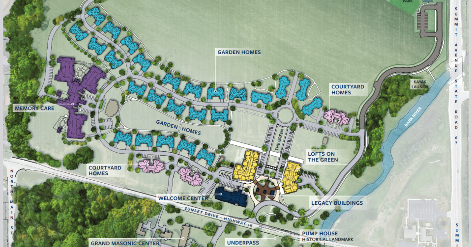 The future Fields at Three Pillars is illustrated in this map of the site north of Highway 18, between Highway 67 and Main Street, in Dousman. The site will eventually include 110 independent living units and a memory care center when it's completed in 2026.