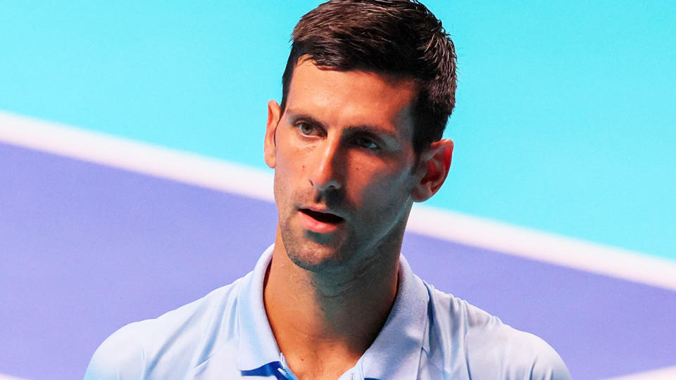 Novak Djokovic is pictured between points at the Astana Open.